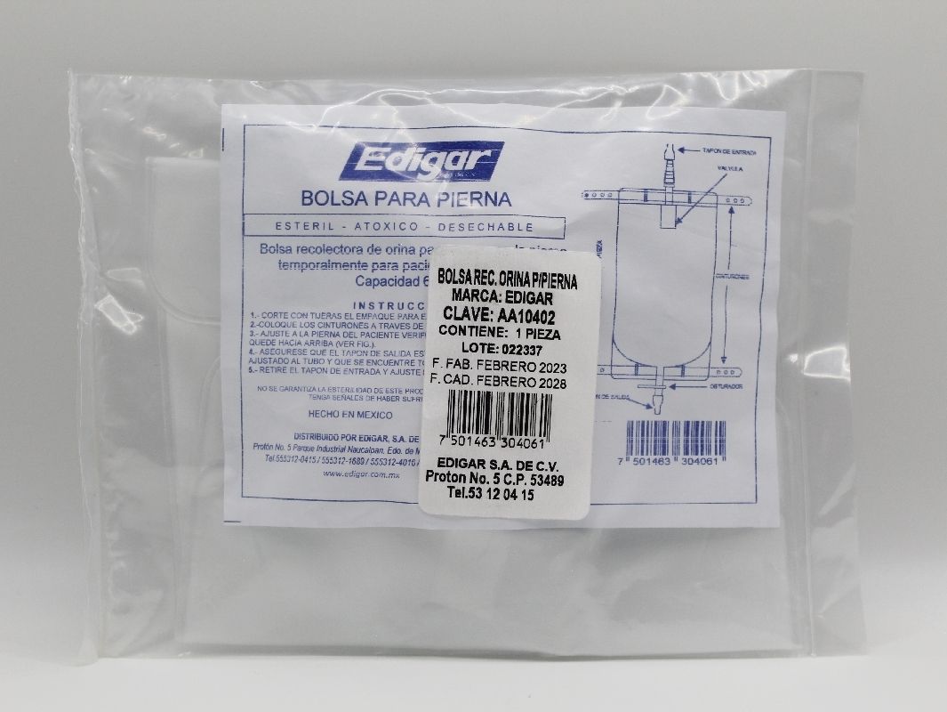BOLSA PARA RECOLECCIÓN DE ORINA PARA PIERNA CAP 650 ML EDIGAR