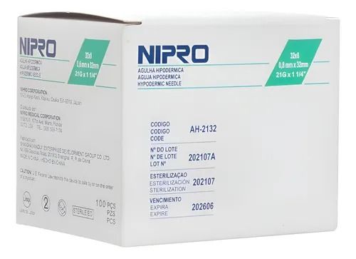AGUJA HIPODERMICA 21GX1-1/4"(32MM) VERDE 100 PZAS NIPRO