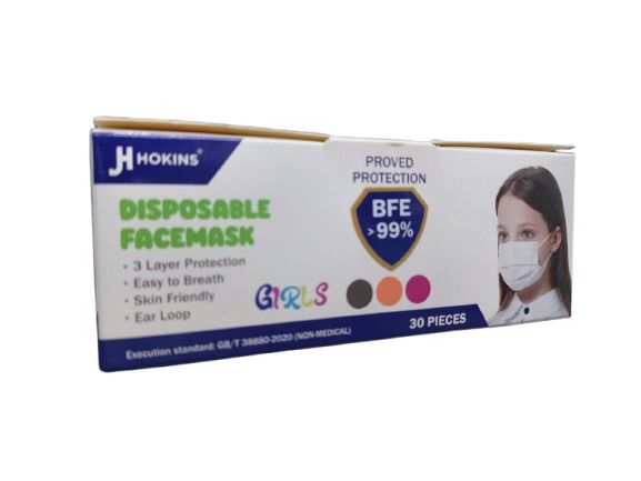 CUBREBOCA TRICAPA TERMOSELLADO INFANTIL CAJA 30 PIEZAS NEGRO, ROSA, NARANJA