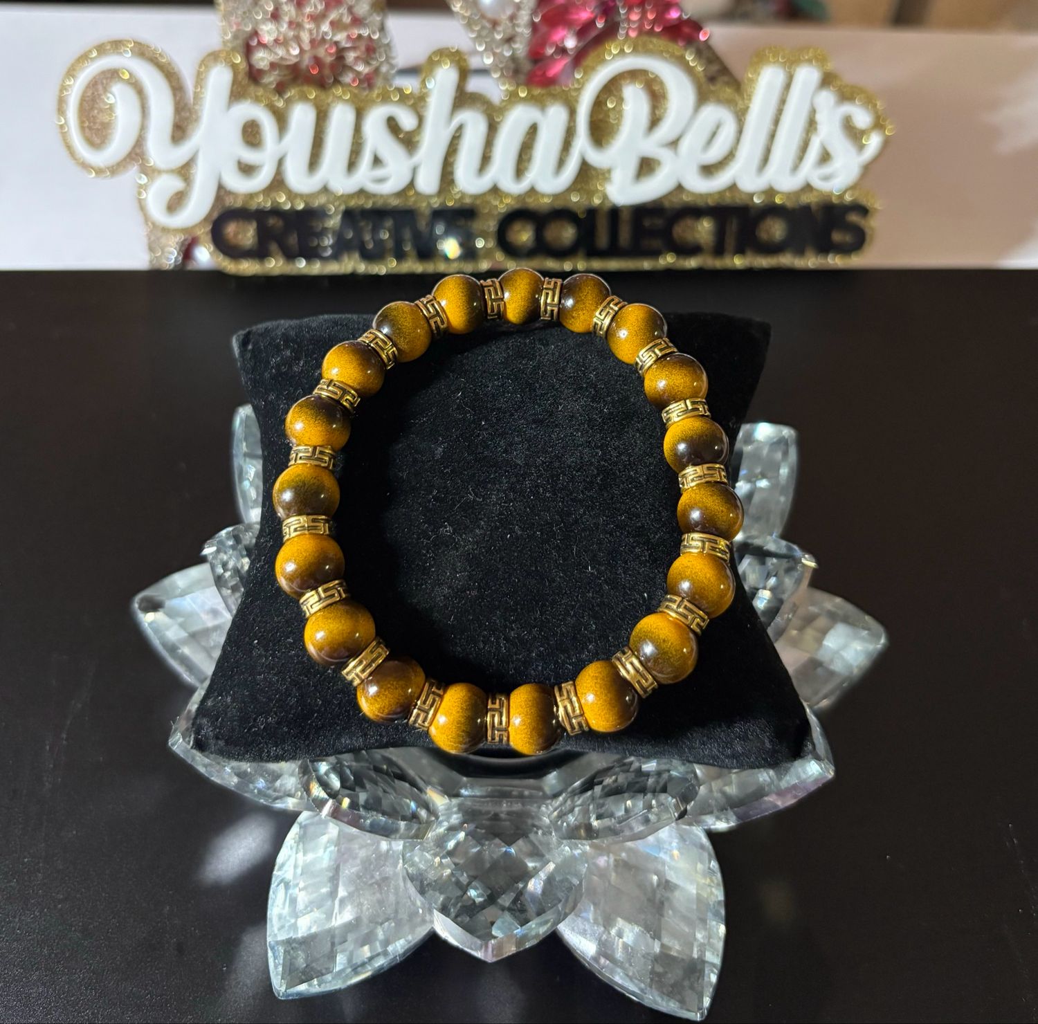 Yellow-BlackTiger Eye Round Smooth Beaded Bracelet with Gold Spacers