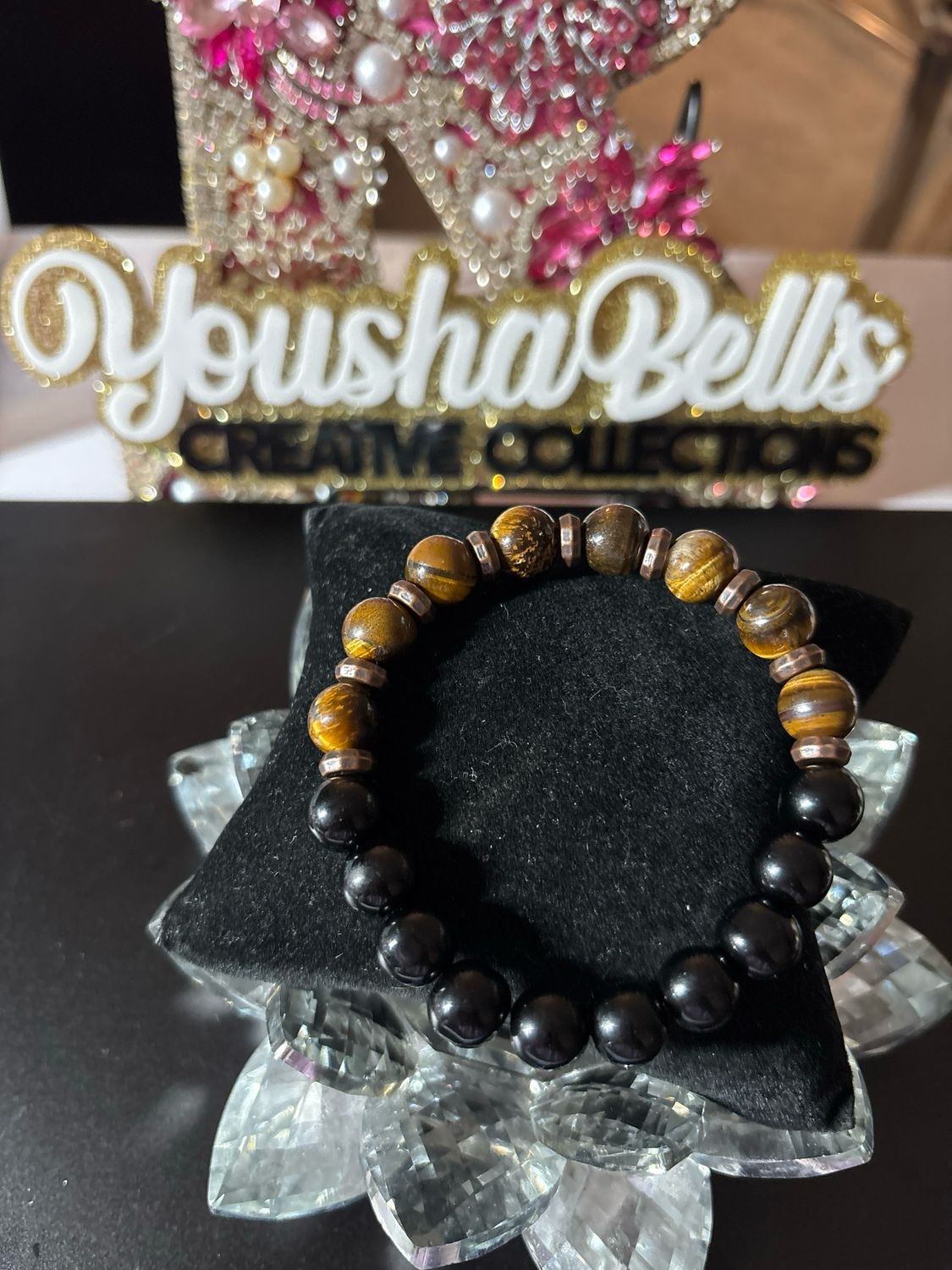 Natural Yellow Cat Eye Beaded Bracelet and Black Round Bead With Spacers