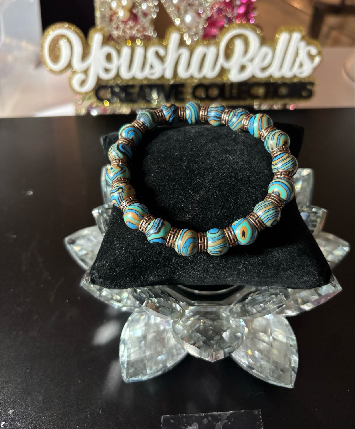 Vibrant Lake Blue Stripe Beaded Bracelet With Metal Spacers