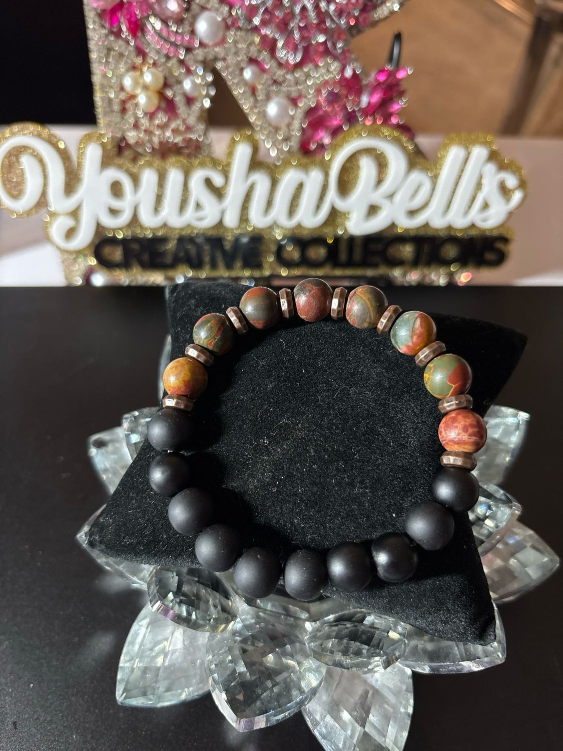 Picasso Jasper Natural Stone and Matte Black Round Beaded Bracelet with Spacers