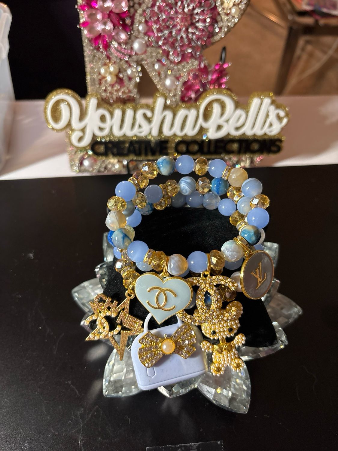 Sky Blue with a Hint of Gold Beaded Bracelet Set