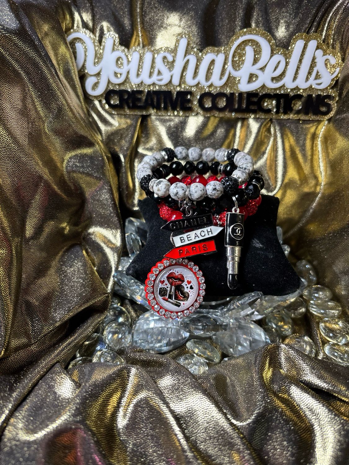 Red, Black, and White Beaded Bracelet Set