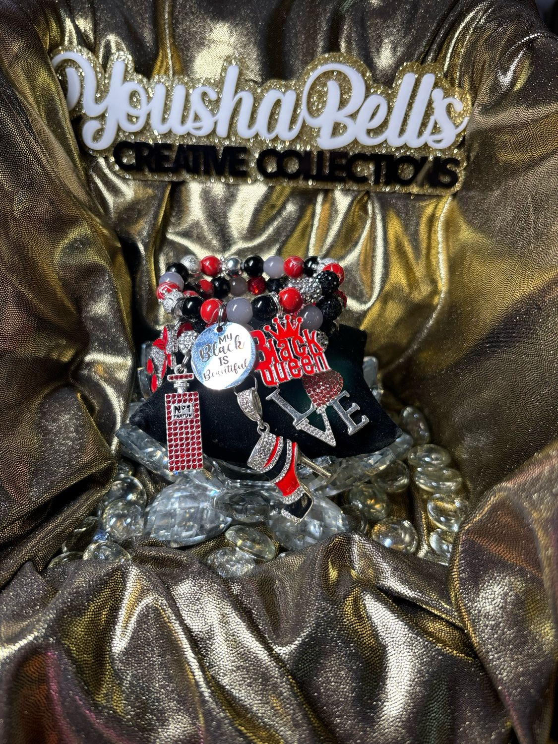 Black~Red~Silver~Gray 3 beaded, 6 Charmed Bracelet Set