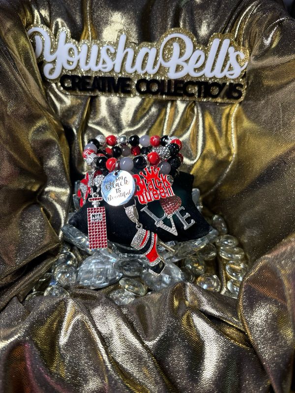 Black~Red~Silver~Gray 3 beaded, 6 Charmed Bracelet Set Black~Red~Silver~Gray 3 beaded, 6 Charmed Bracelet Set