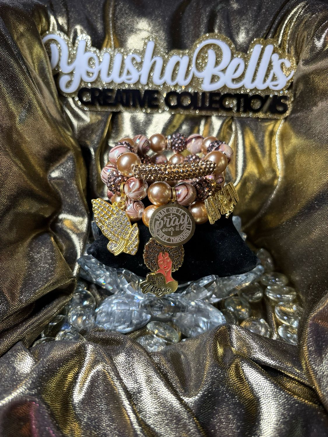 Elegant Brown and Gold Beaded Bracelet with Charms