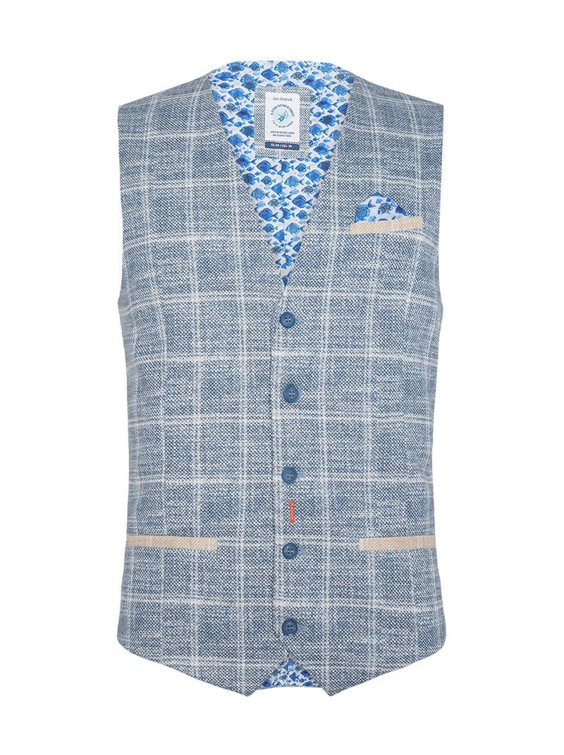 A fish named Fred Waistcoat travel check Cobalt 31.137