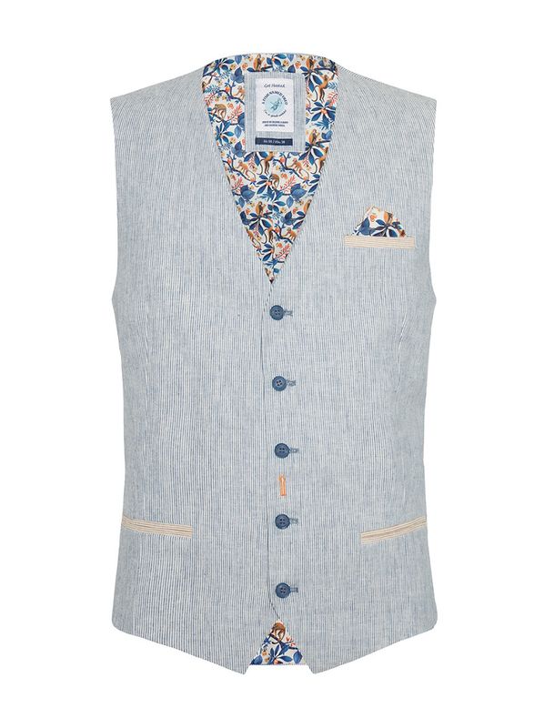 A fish named Fred Waistcoat linen stripe Blauw 31.132