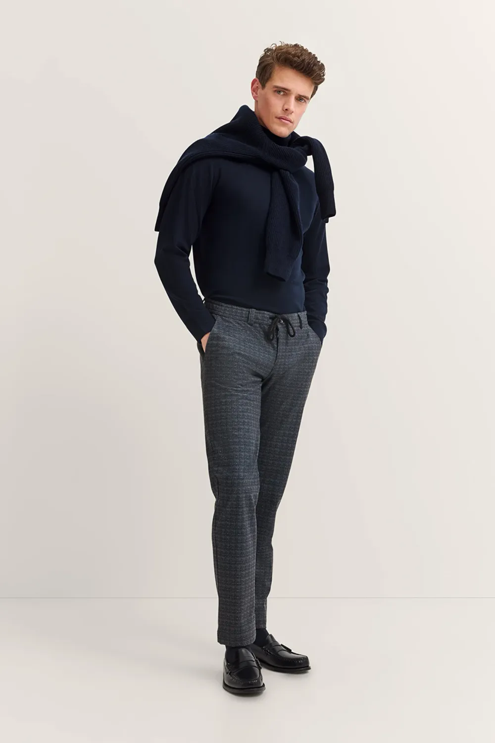 Bugatti Stretchbroek met ruitpatroon marine 86846D 4036