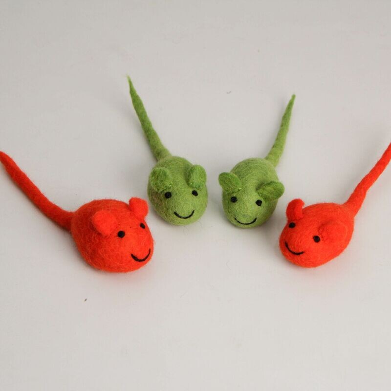 Handmade Different Color Felt Mice Pet Toy (Pack of 3) either Red or Green