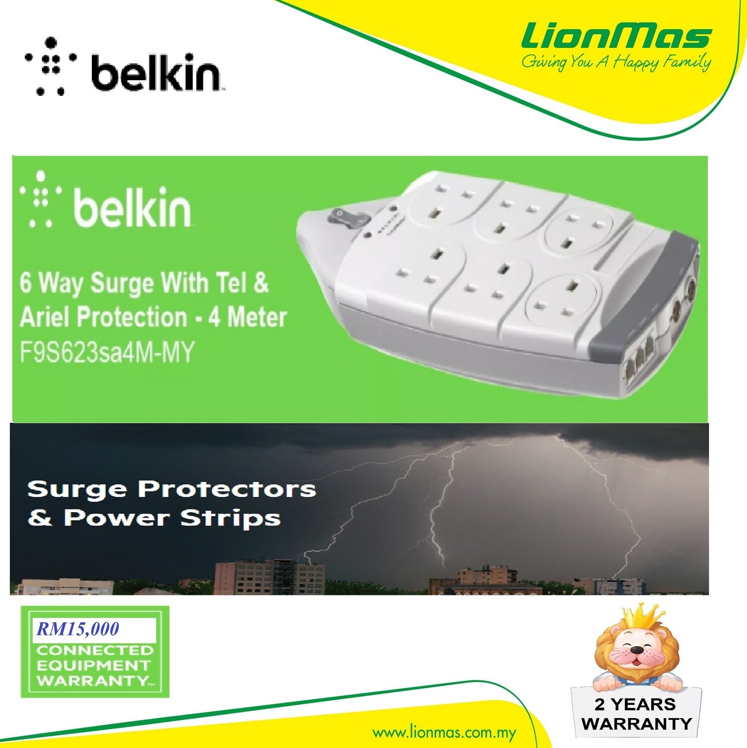 BELKIN 6 SOCKET 4M SURGE PROTECTOR WITH TEL&ARIEL PROTECTION F9S623SA4M-MY