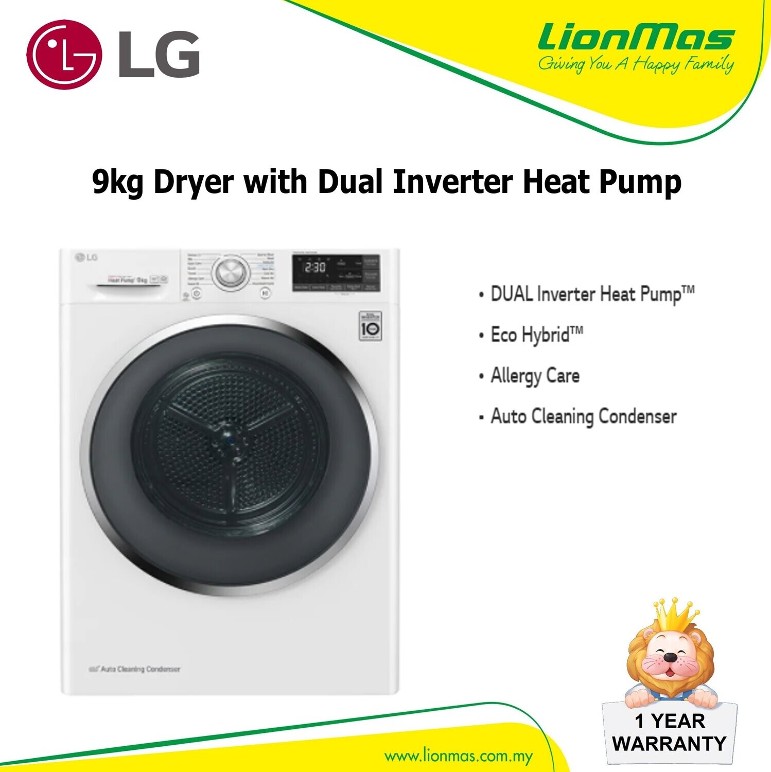 LG 9KG DUAL INVERTER HEAT PUMP DRYER VD-H9066WS