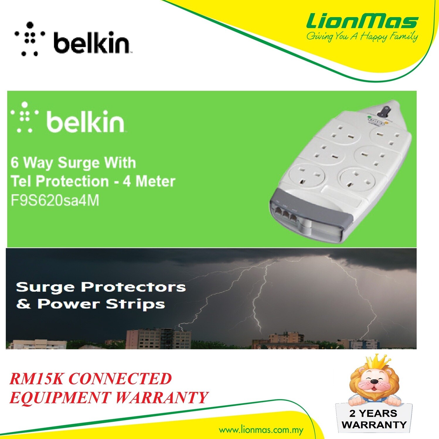 BELKIN 6 SOCKET 4M SURGE PROTECTOR WITH TEL PROTECTION F9S620SA4M