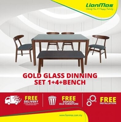 Gold Glass Dinning set 1 + 4 + Bench Chair