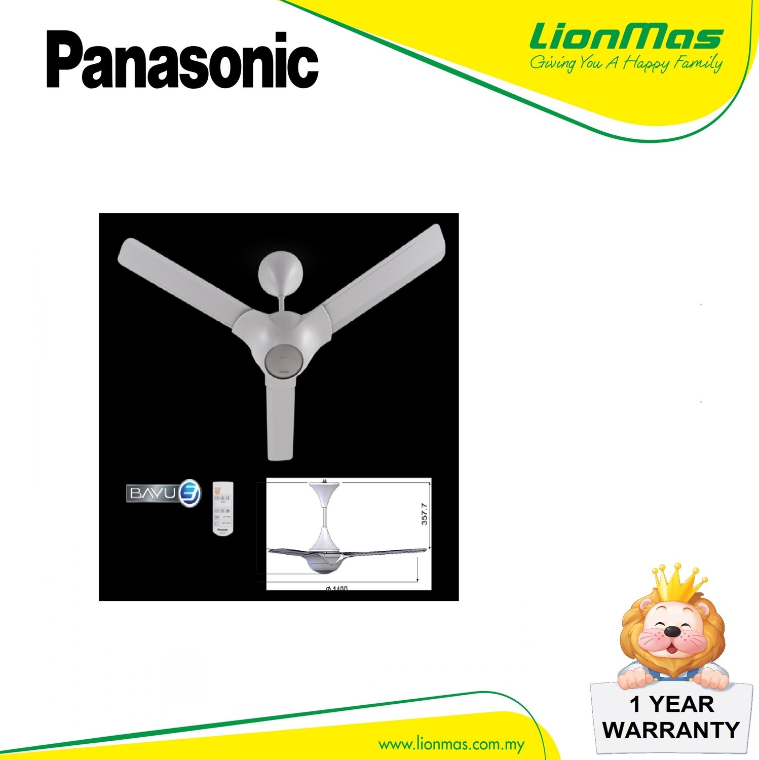 PANASONIC BAYU 3 BLADES CEILING FAN F-M14C2