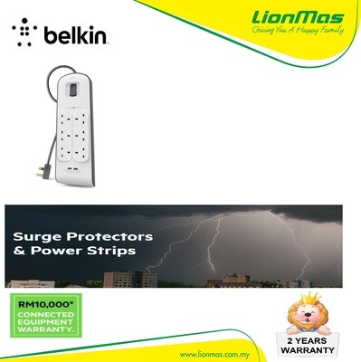 BELKIN 6 SOCKET 2M SURGE PROTECTOR WITH 2 USB PORTS BSV604SA2M