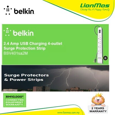 BELKIN 4 SOCKET 2M SURGE PROTECTOR WITH 2 USB PORTS BSV401SA2M