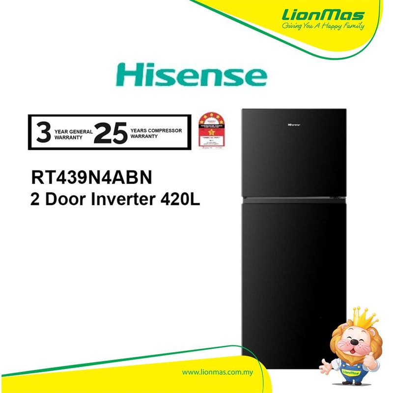 Hisense 420L RT439N4ABN Top Mount Freezer 2 Door Inverter Fridge Refrigerator (Black)