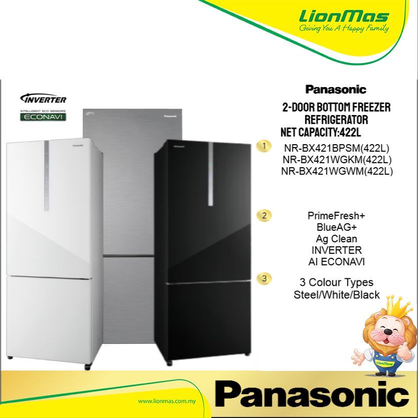 Panasonic 2-door Bottom Fridge Peti ais BX421BPSM/BX421WGKM/BX421WGWM(Steel/WHITE GLASS/BLACK GLASS)