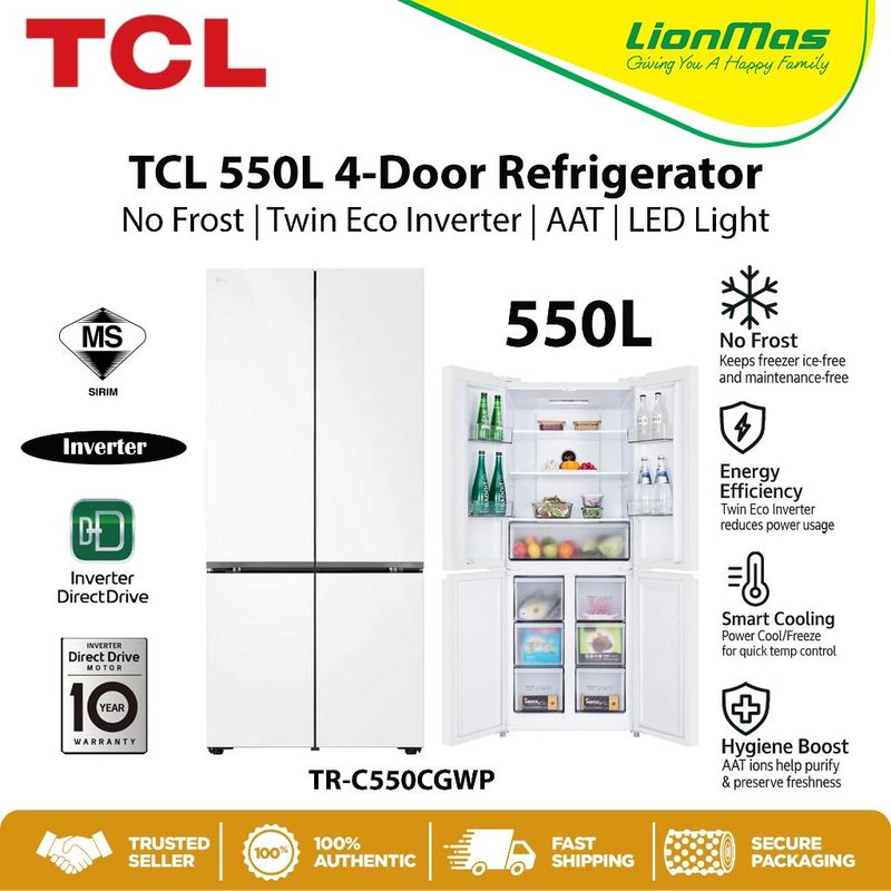 TCL 550L 4 Door Refrigerator Glass White TR-C550CGWP - No Frost | Twin Eco Inverter | AAT | LED Light | Free Built-In