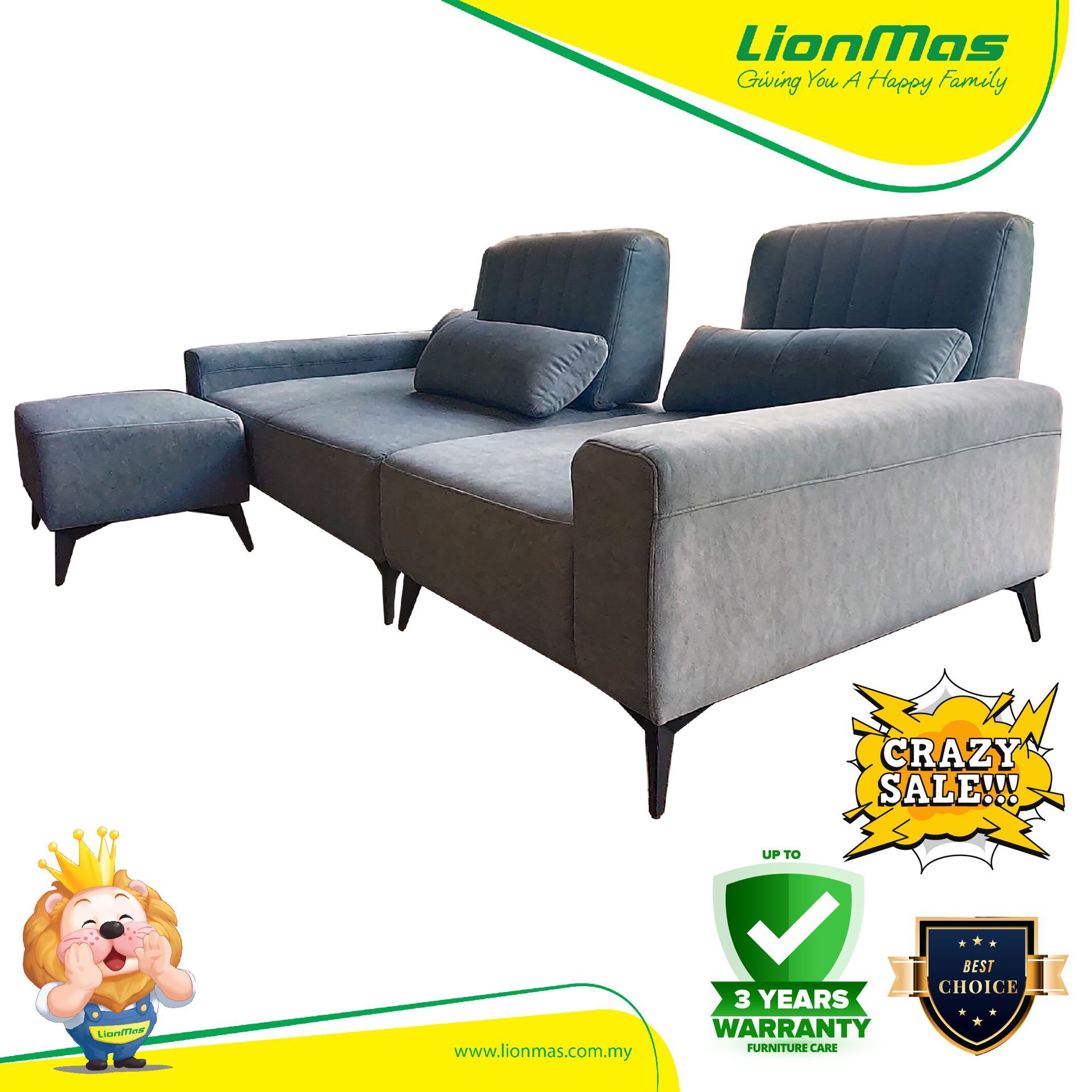 Fabric Sofa 3 Seater + Stool