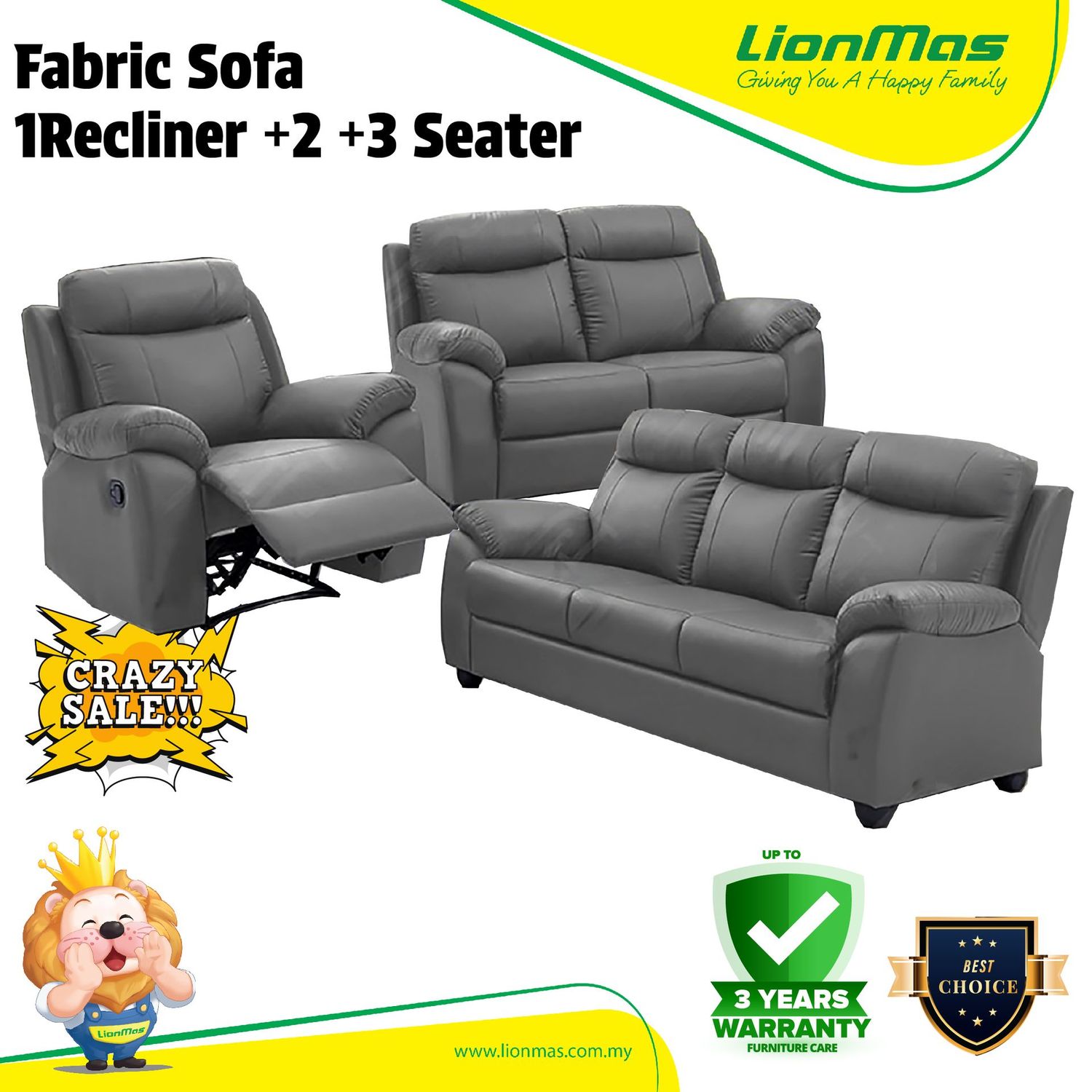 Fabric Sofa 1Recliner+2+3 Seater