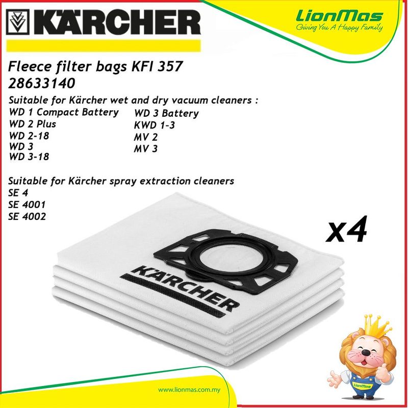 Kärcher 2.863-314.0 Original Fleece WD3 Filter Bag KFI-357 4pcs  FREE DELIVERY
