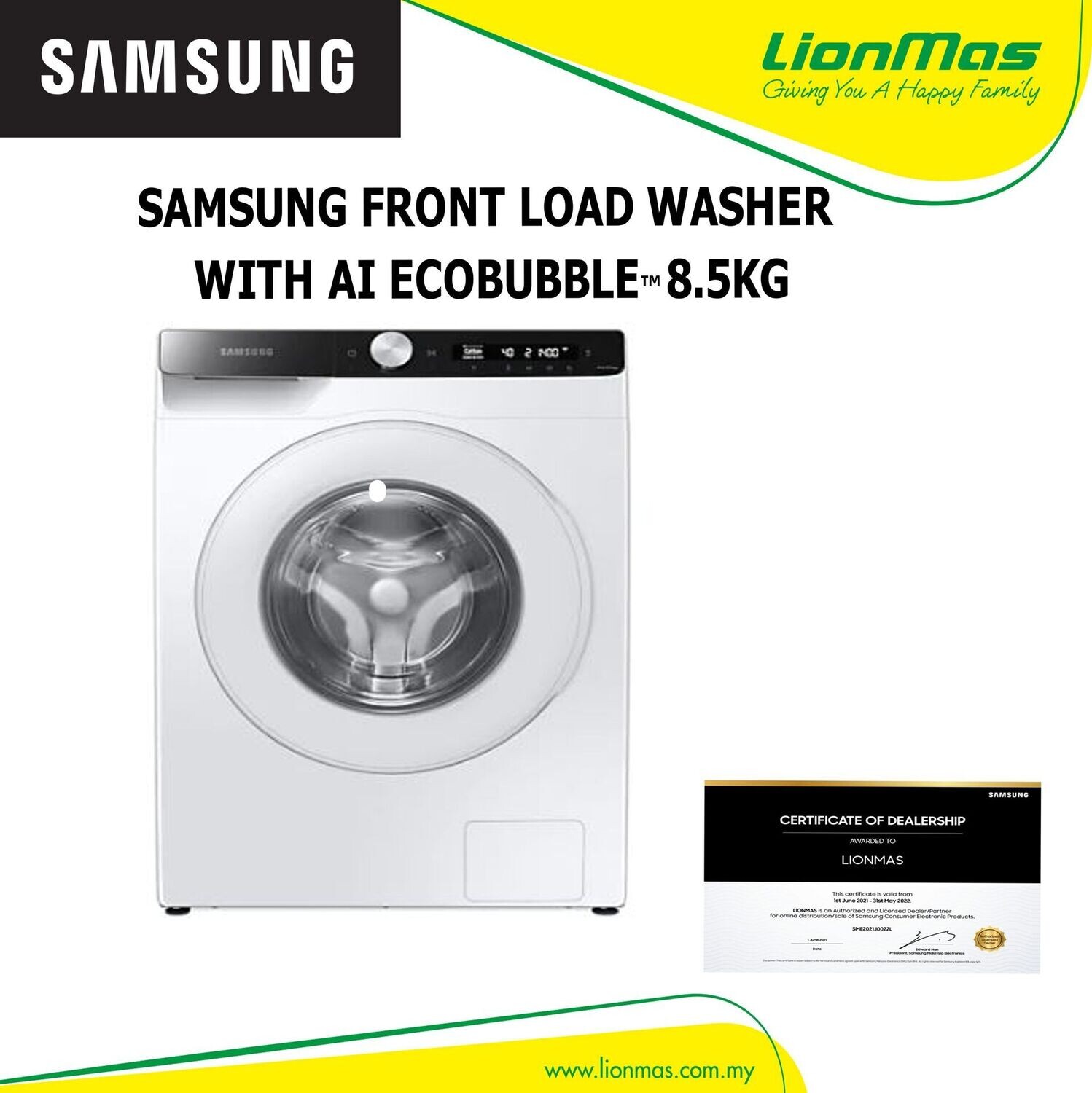 SAMSUNG FRONT LOAD WASHER WITH AI ECOBUBBLE 8.5KG WW85T504DTT SAMSUNG FRONT LOAD WASHER WITH AI ECOBUBBLE 8.5KG WW85T504DTT