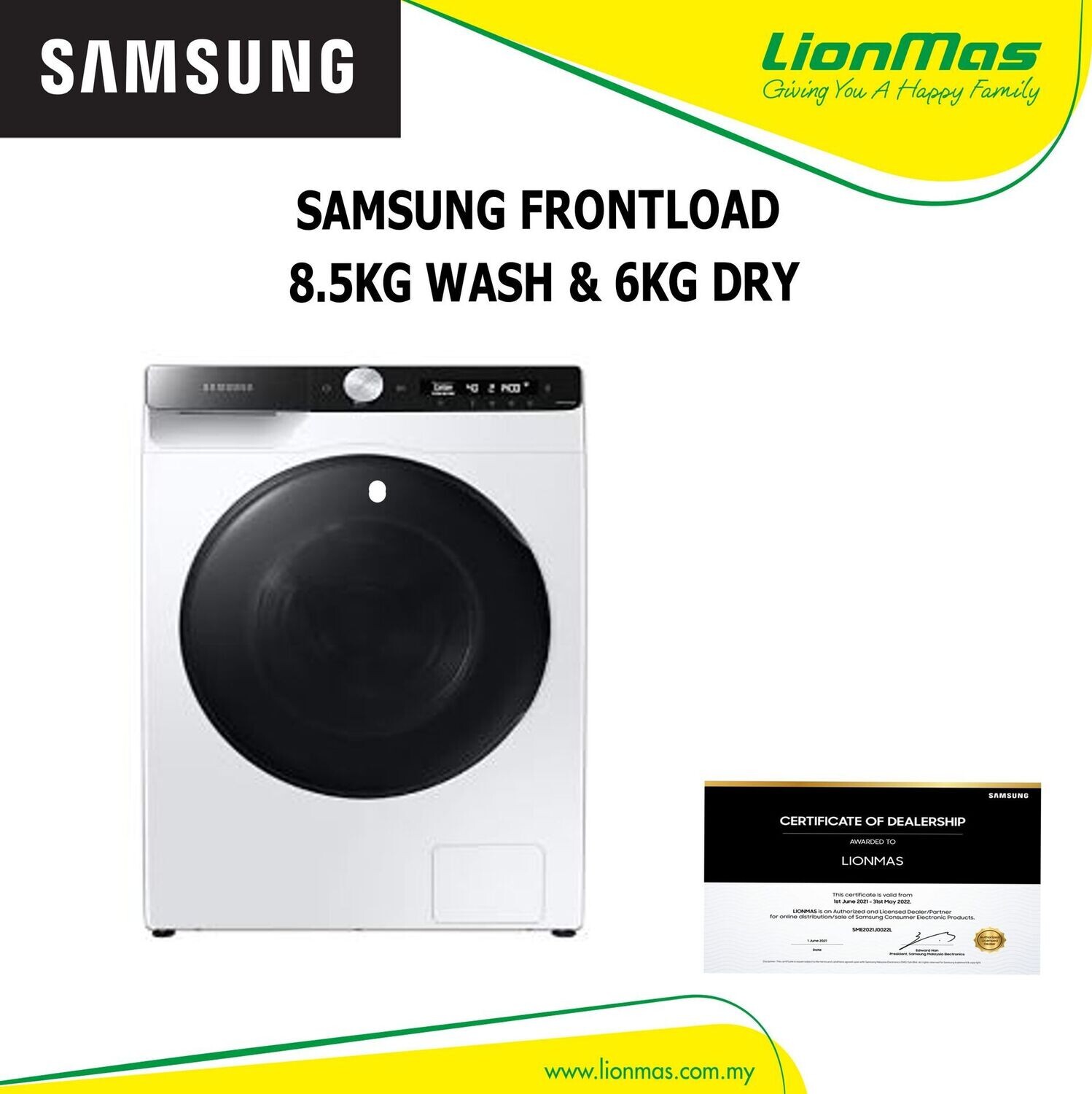 SAMSUNG FRONT LOAD WASHER DRYER, 7.5KG WASH & 5KG DRY WD85T534DBE