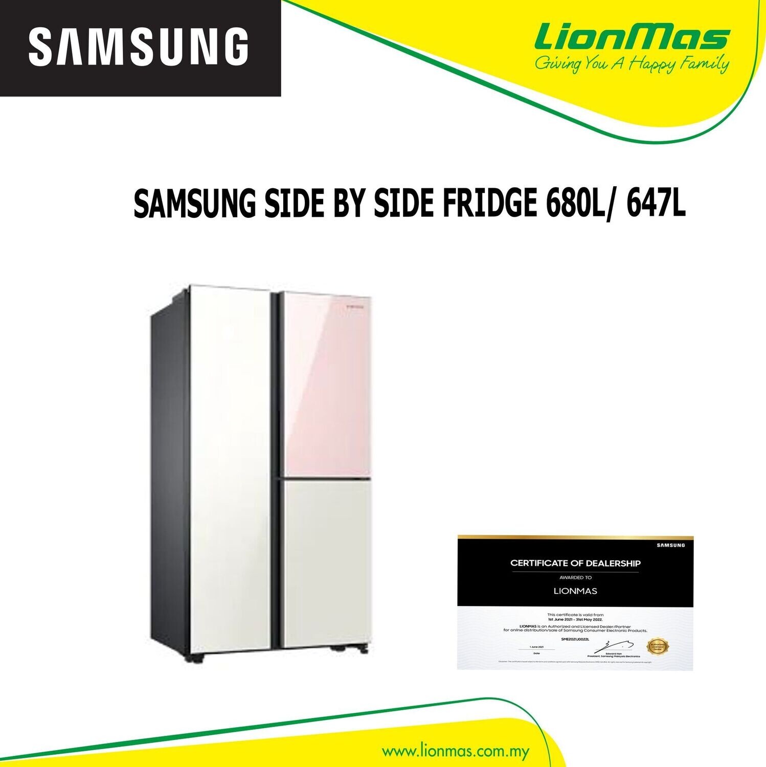 SAMSUNG SIDE BY SIDE FRIDGE, 680L/647L RH62A50E16C