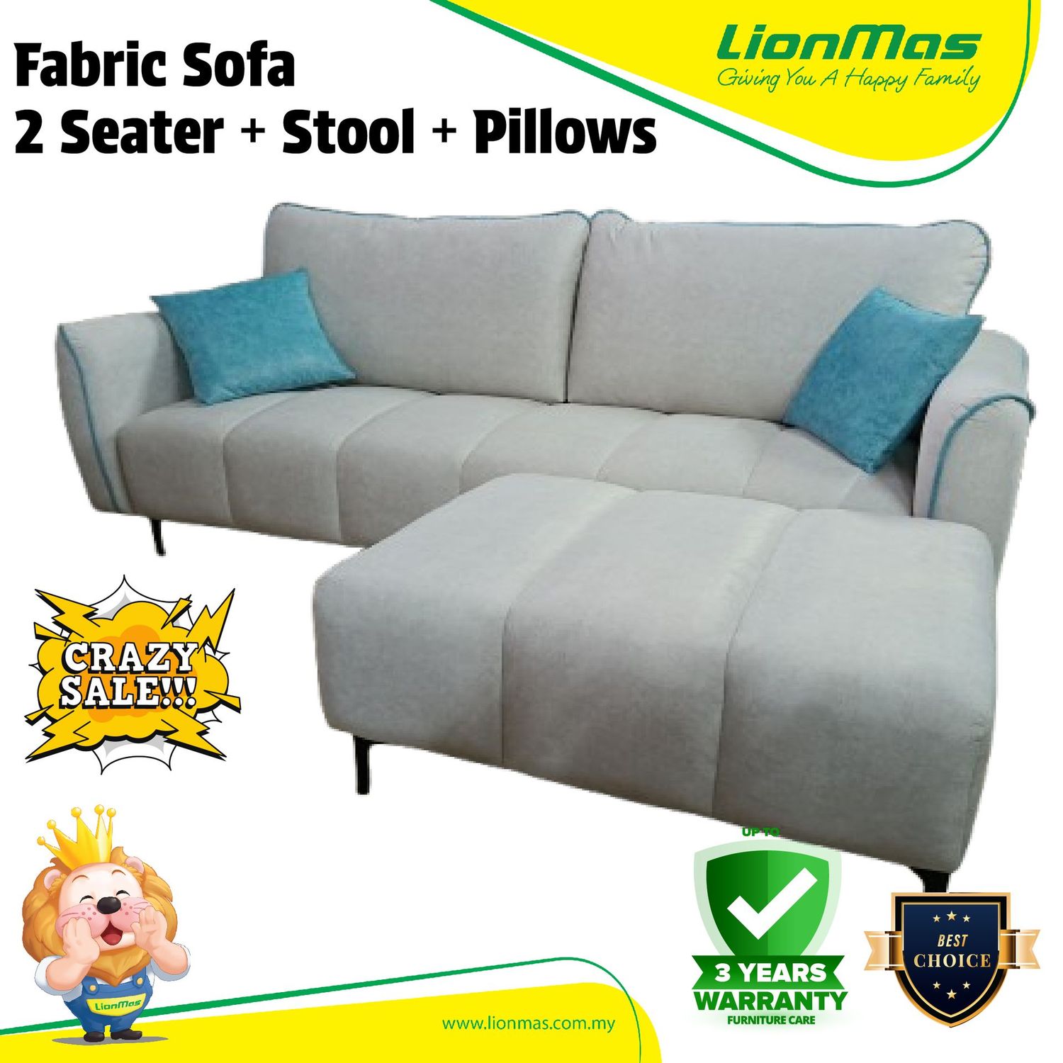 Fabric Sofa 2 Seater + Stool +Pillow