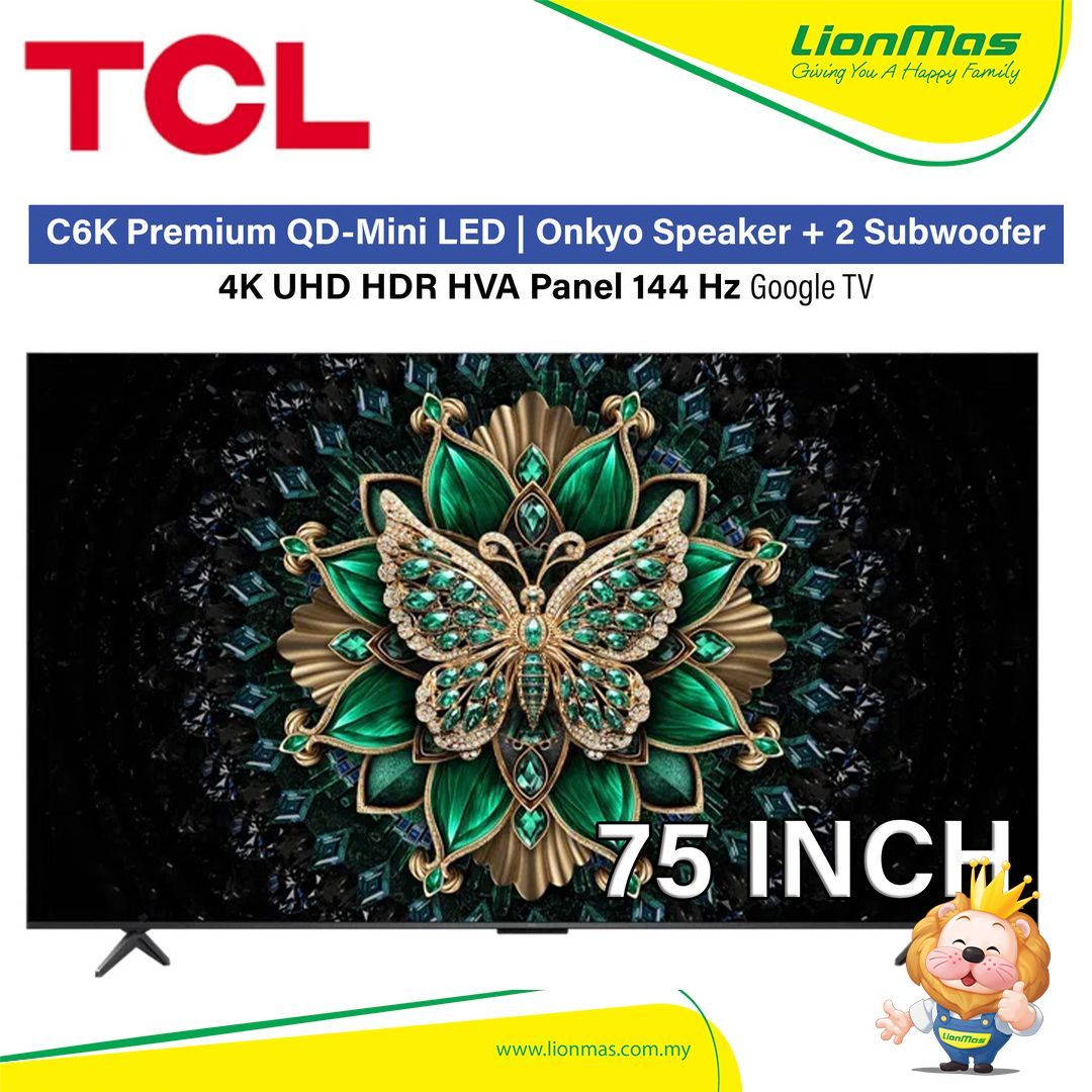 TCL 75 Inch QD Mini LED 144Hz 4K UHD HDR10+ Dolby Vision Dolby Atmos MEMC Google TV 75C6K