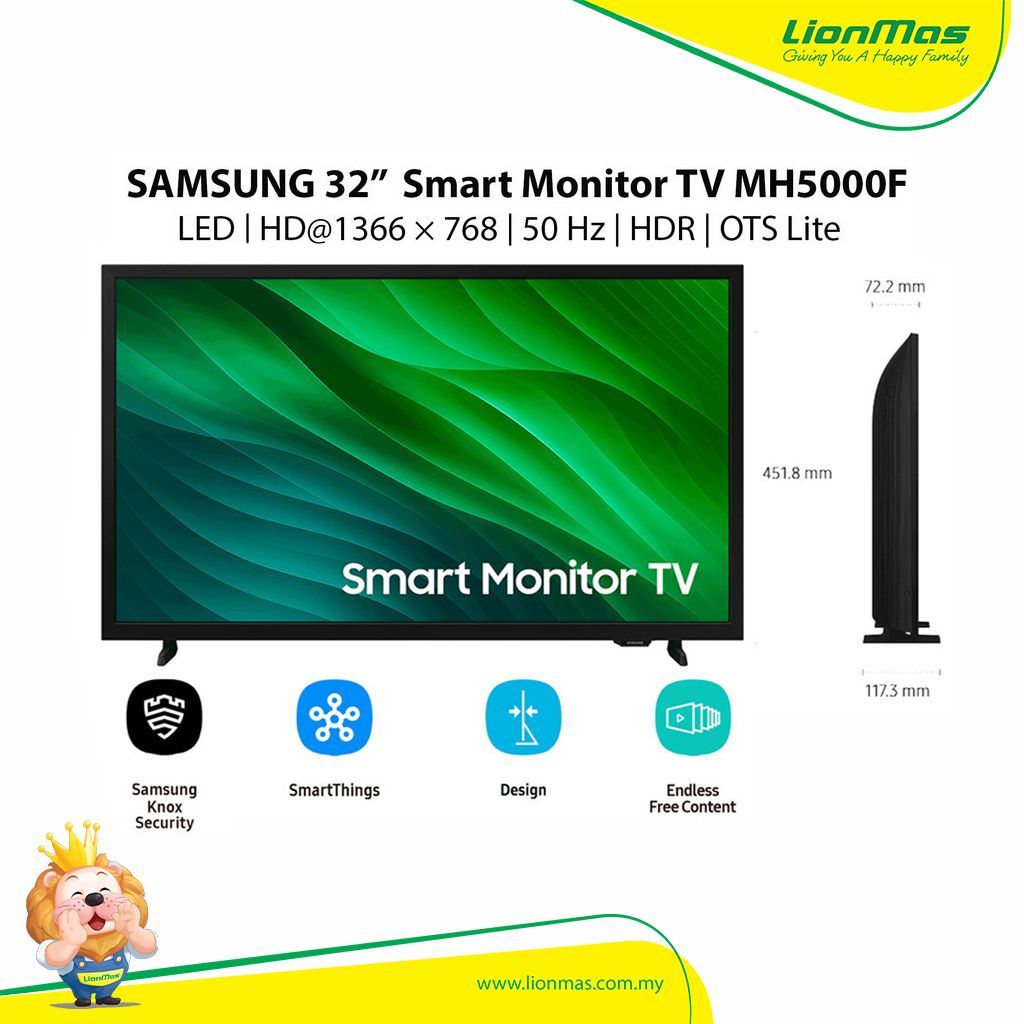 SAMSUNG 32’’ MH5000F Smart Monitor TV LS32H5000FKXXM - LED | HD@1366 × 768 | 50 Hz | HDR | OTS Lite | SAMSUNG 32’’ MH5000F Smart Monitor TV LS32H5000FKXXM - LED | HD@1366 × 768 | 50 Hz | HDR | OTS Lite |