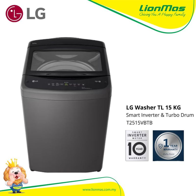 LG WASHER T2515VBTB TOPLOAD 13/15 KG SMART INVERTER WASHING MACHINE MESIN BASUH LG WASHER T2515VBTB TOPLOAD 13/15 KG SMART INVERTER WASHING MACHINE MESIN BASUH