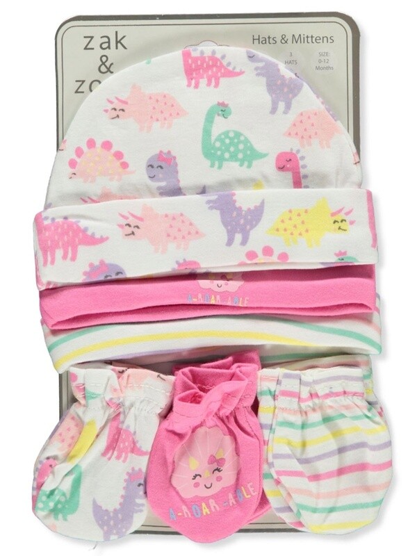 BABY GIRLS' 6-PIECE CAPS & MITTENS SET