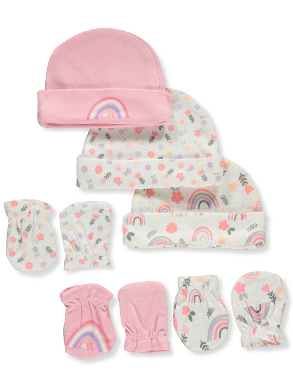 BABY GIRLS&#39; 6-PIECE CAPS &amp; MITTENS SET- White/Pink
