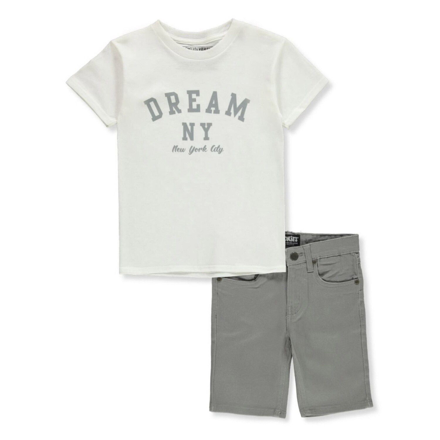 BOYS&#39; 2-PIECE DREAM DENIM SHORTS SET OUTFIT- White/Grey