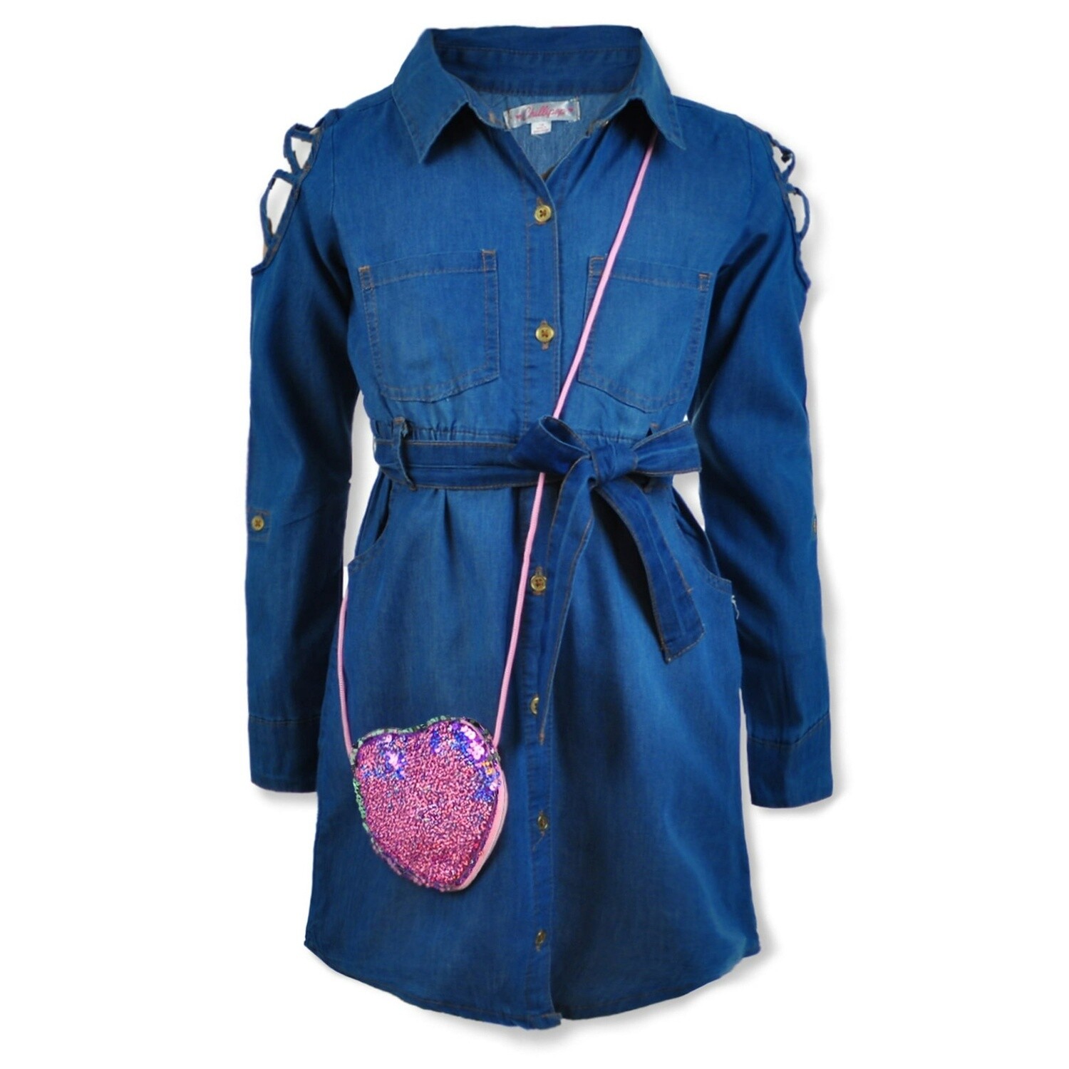 Chillipop Girls&#39; Denim Dress With Heart Pocket Book- Medium Wash