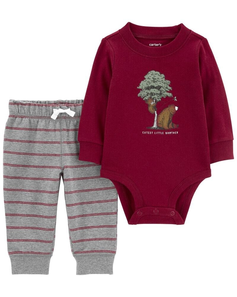 Baby 2-Piece Little Brother Bodysuit Pant Set - Burgundy/Grey