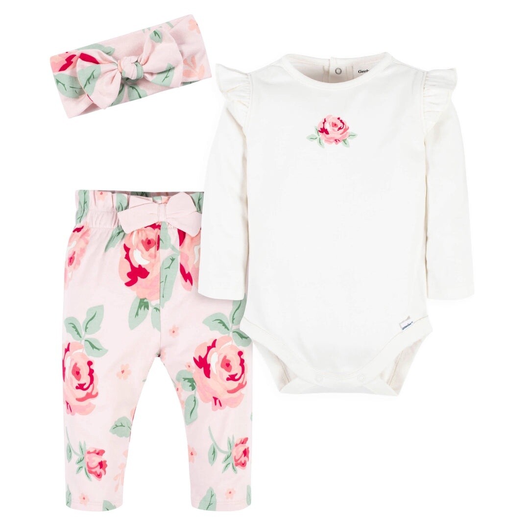 3-Piece Baby Girls Pink Garden Onesies® Bodysuit, Pants &amp; Headband Set