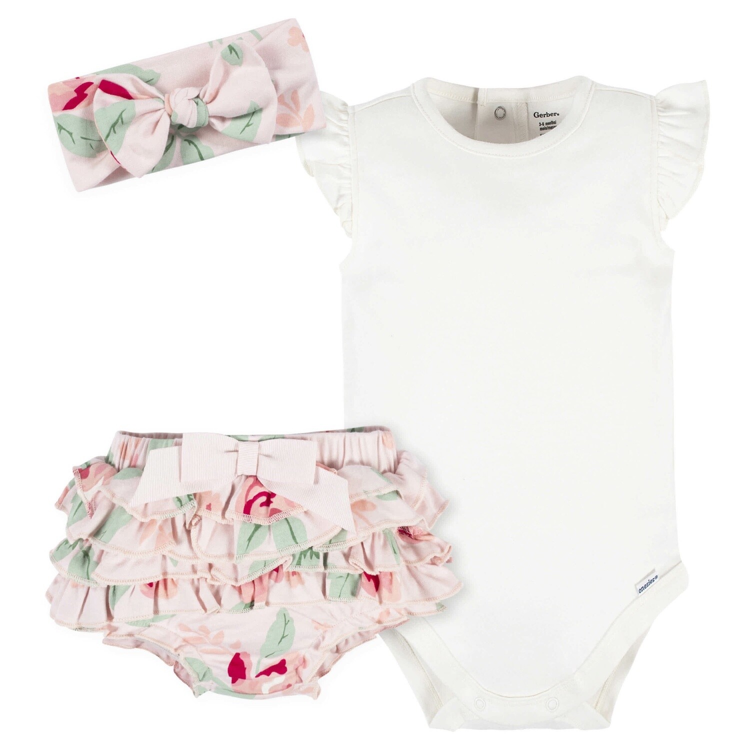 3-Piece Baby Girls Pink Garden Onesies® Bodysuit, Diaper Cover &amp; Headband Set