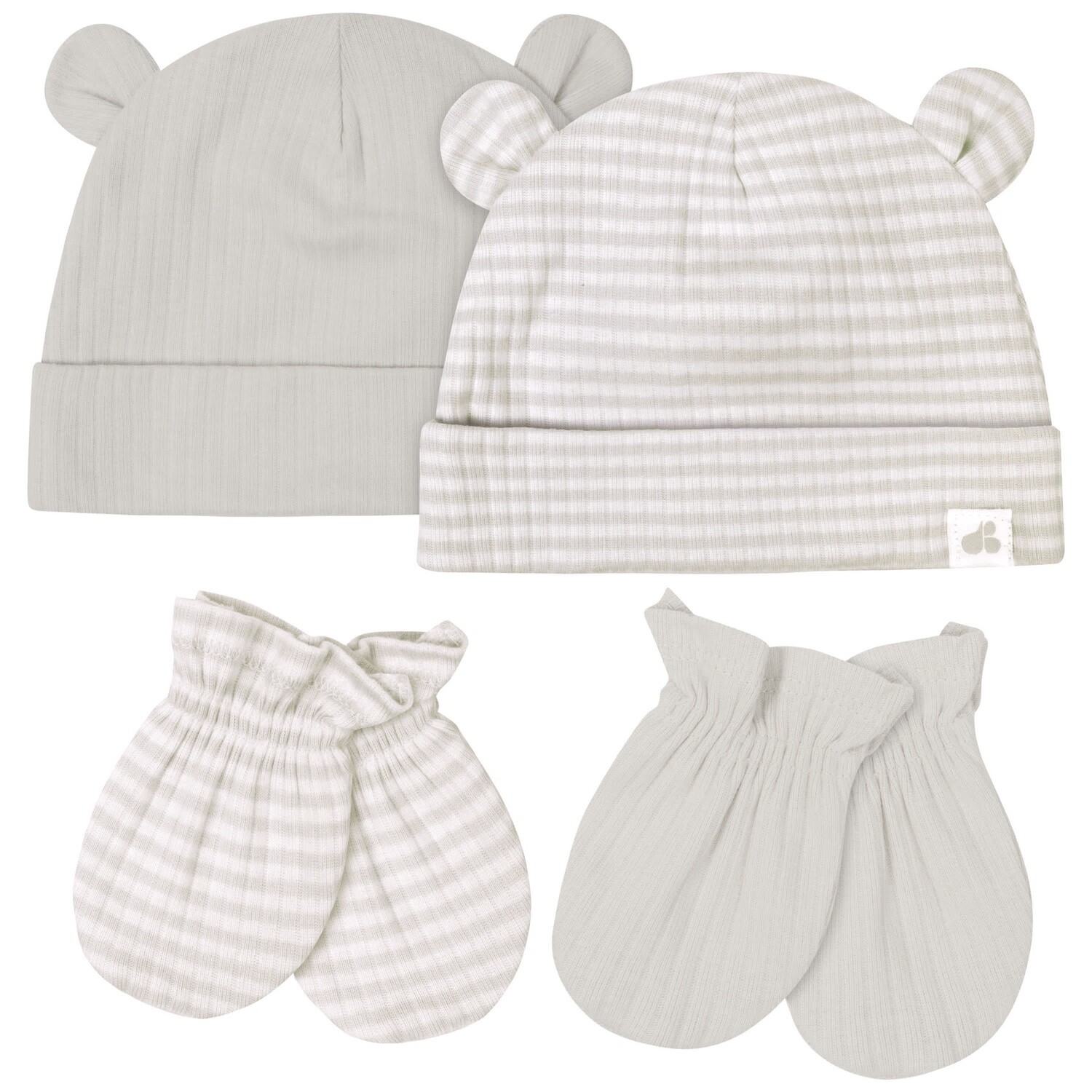 4-Piece Baby Neutral Natural Leaves Caps &amp; Mittens Set