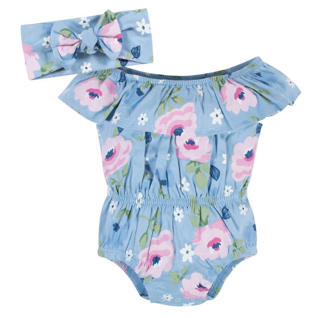 2-Piece Baby Girls Periwinkle Garden Wide Neck Sunsuit Romper &amp; Headband Set