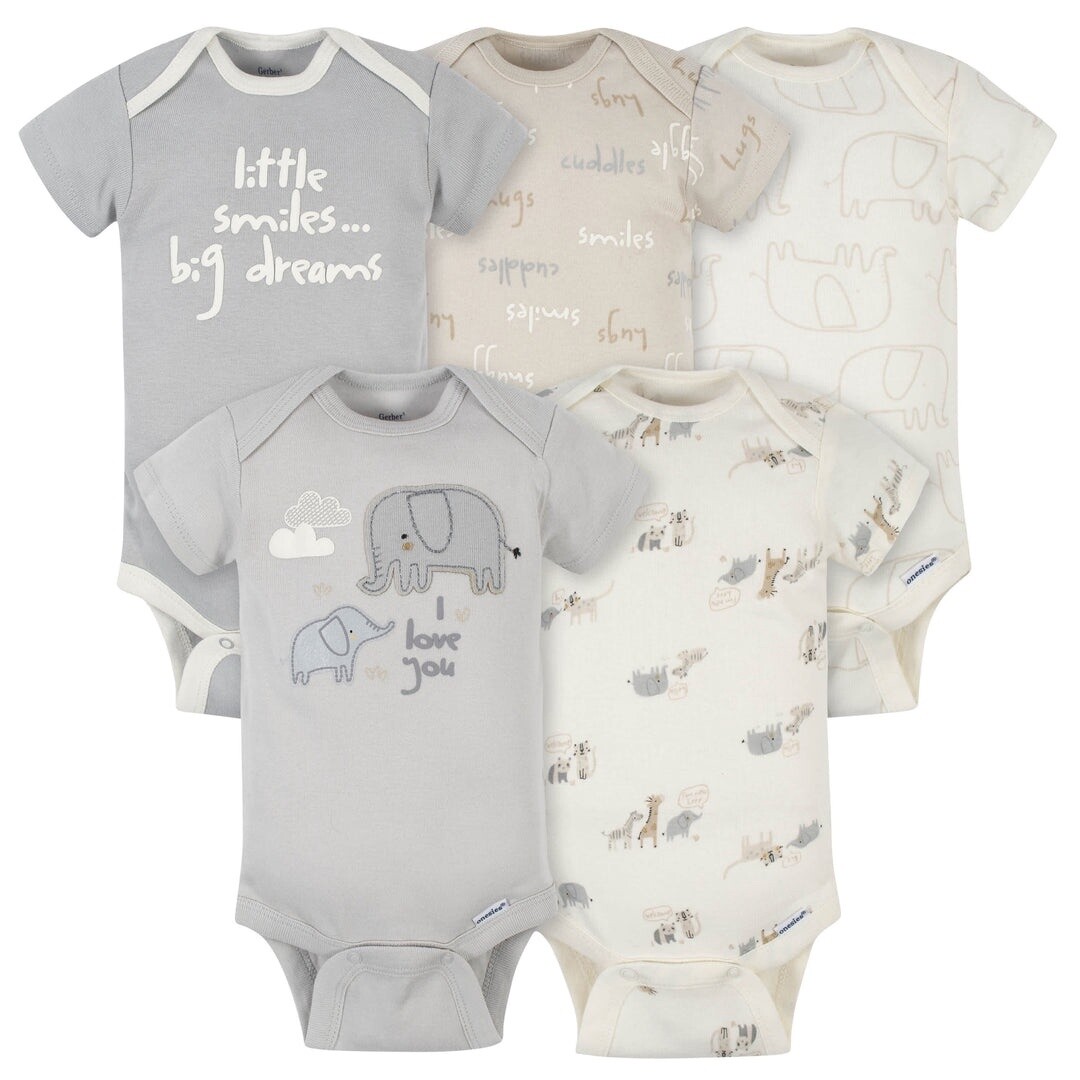 5-Pack Baby Neutral Safari Short Sleeve Onesies® Bodysuits