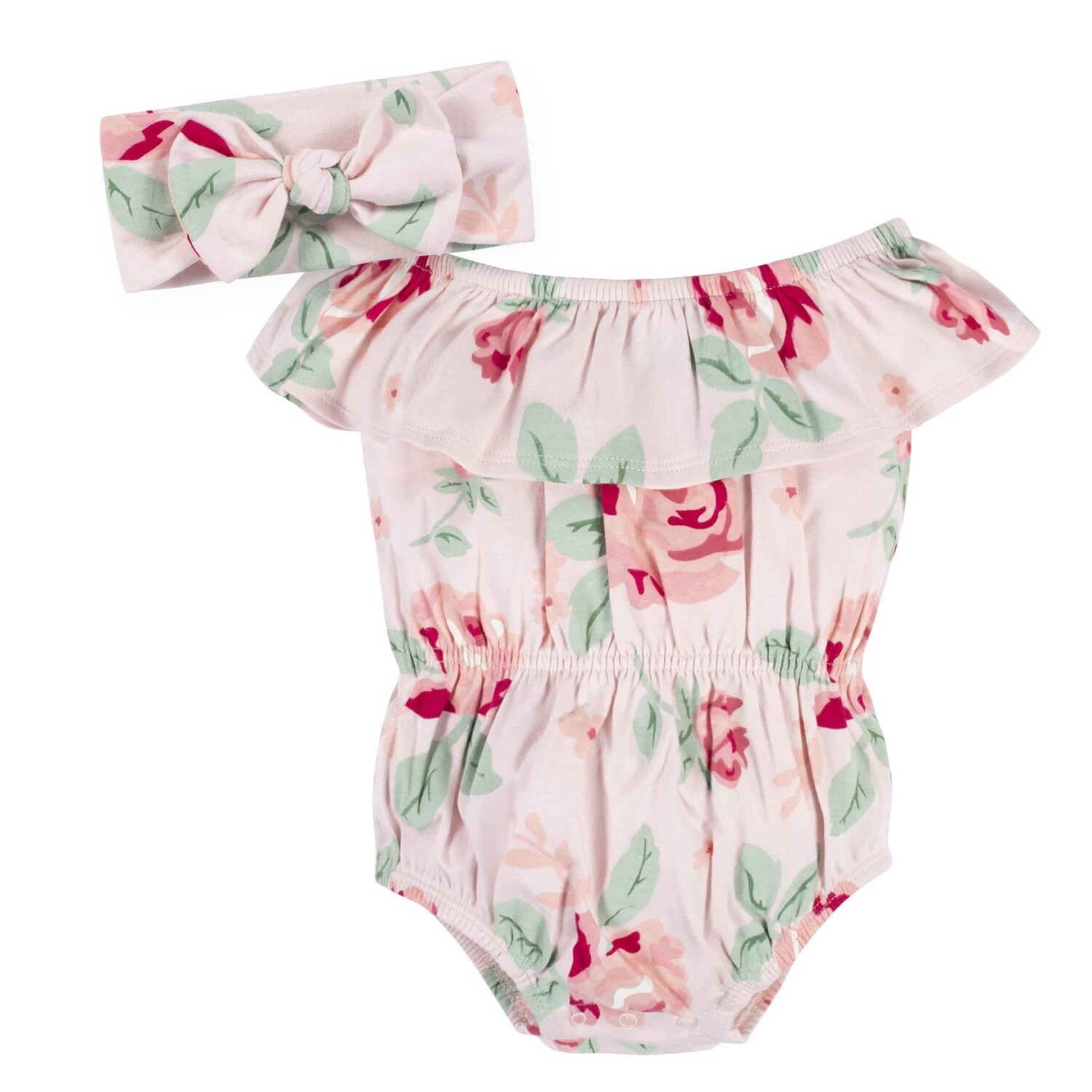 2-Piece Baby Girls Pink Garden Wide Neck Sunsuit Romper &amp; Headband Set