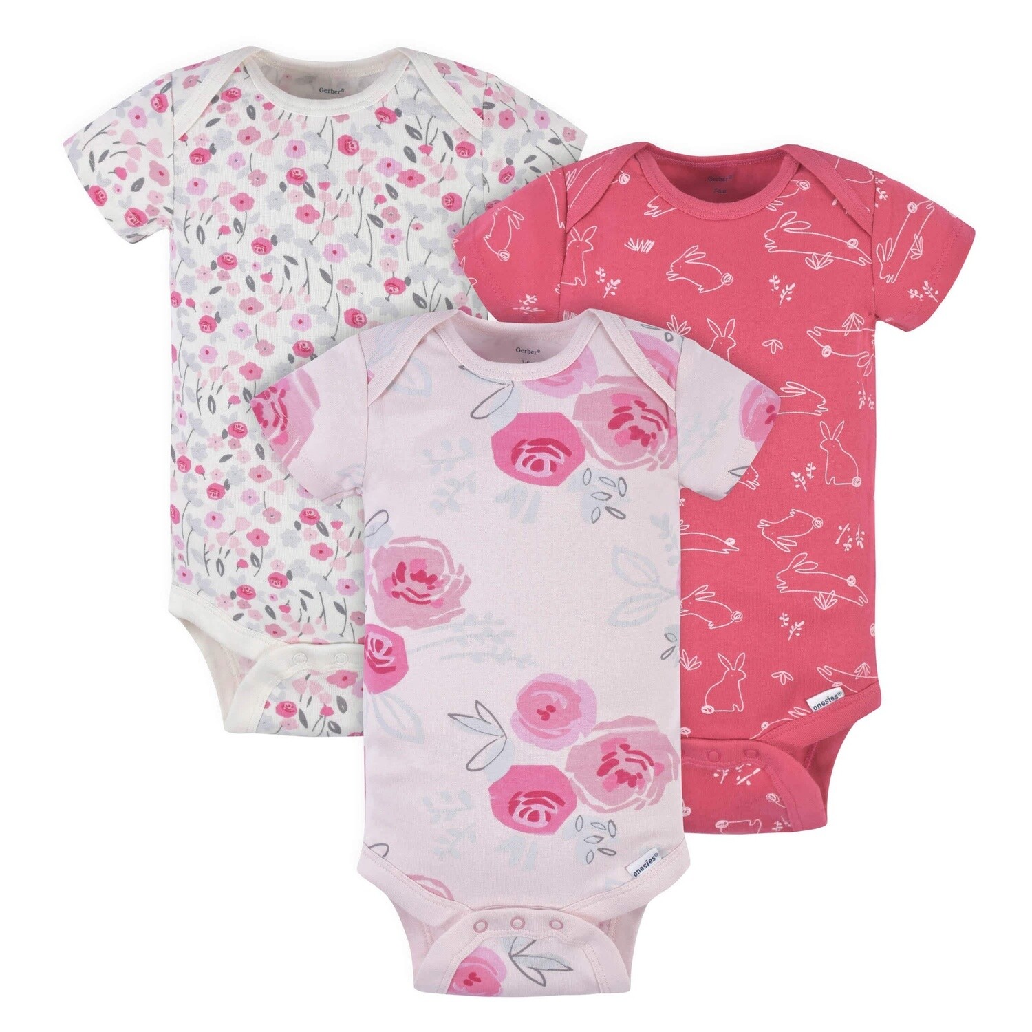 3-Pack Baby Girls Comfy Stretch Roses &amp; Bunnies Short Sleeve Onesies® Bodysuits