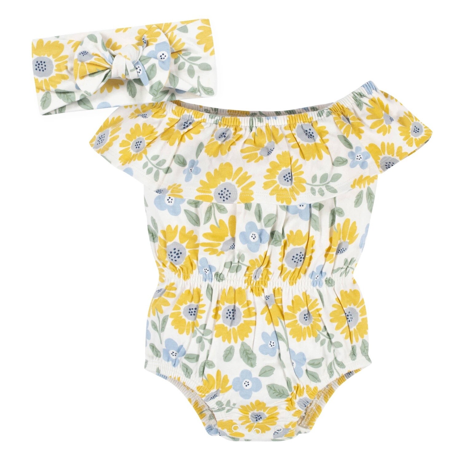 2-Piece Baby Girls Sunny Garden Wide Neck Sunsuit Romper &amp; Headband Set