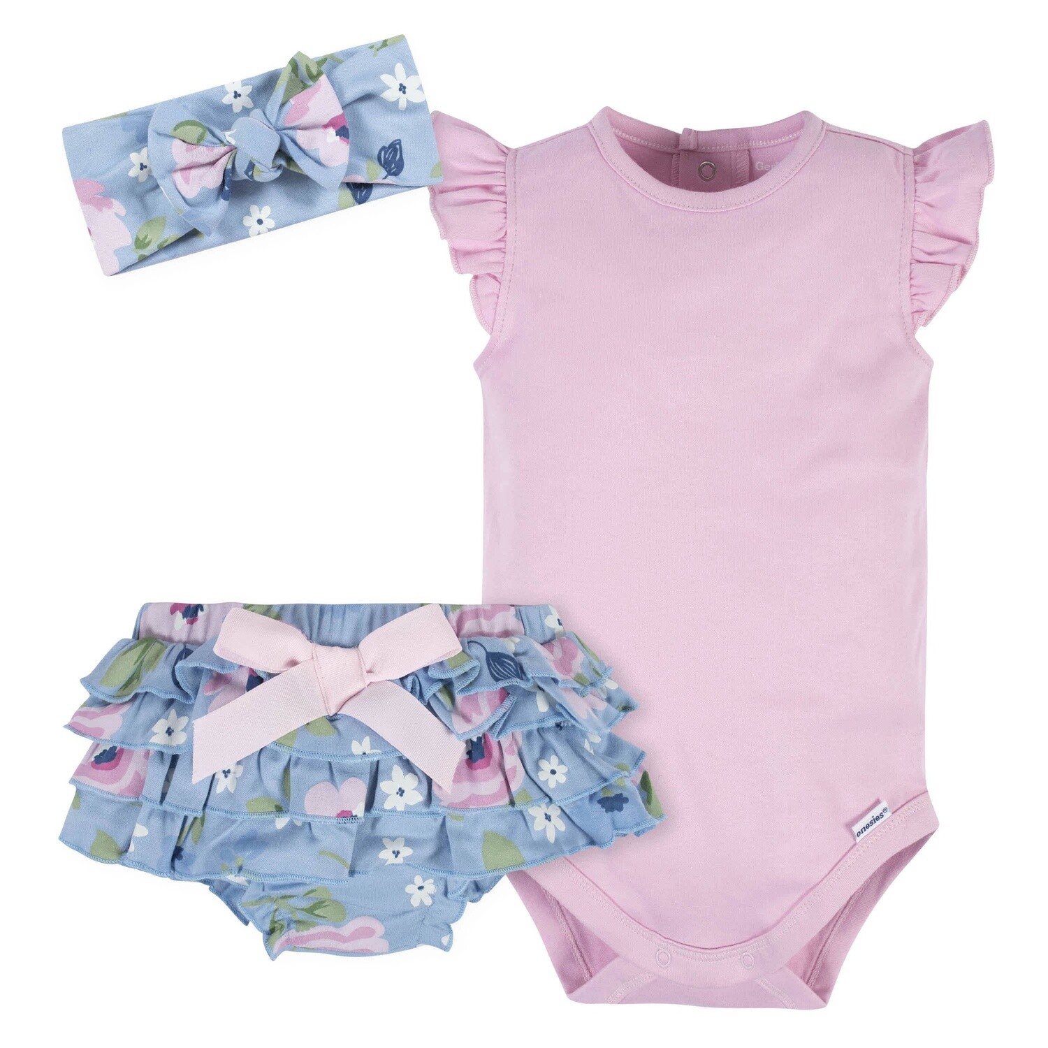 3-Piece Baby Girls Periwinkle Garden Onesies® Bodysuit, Diaper Cover &amp; Headband Set